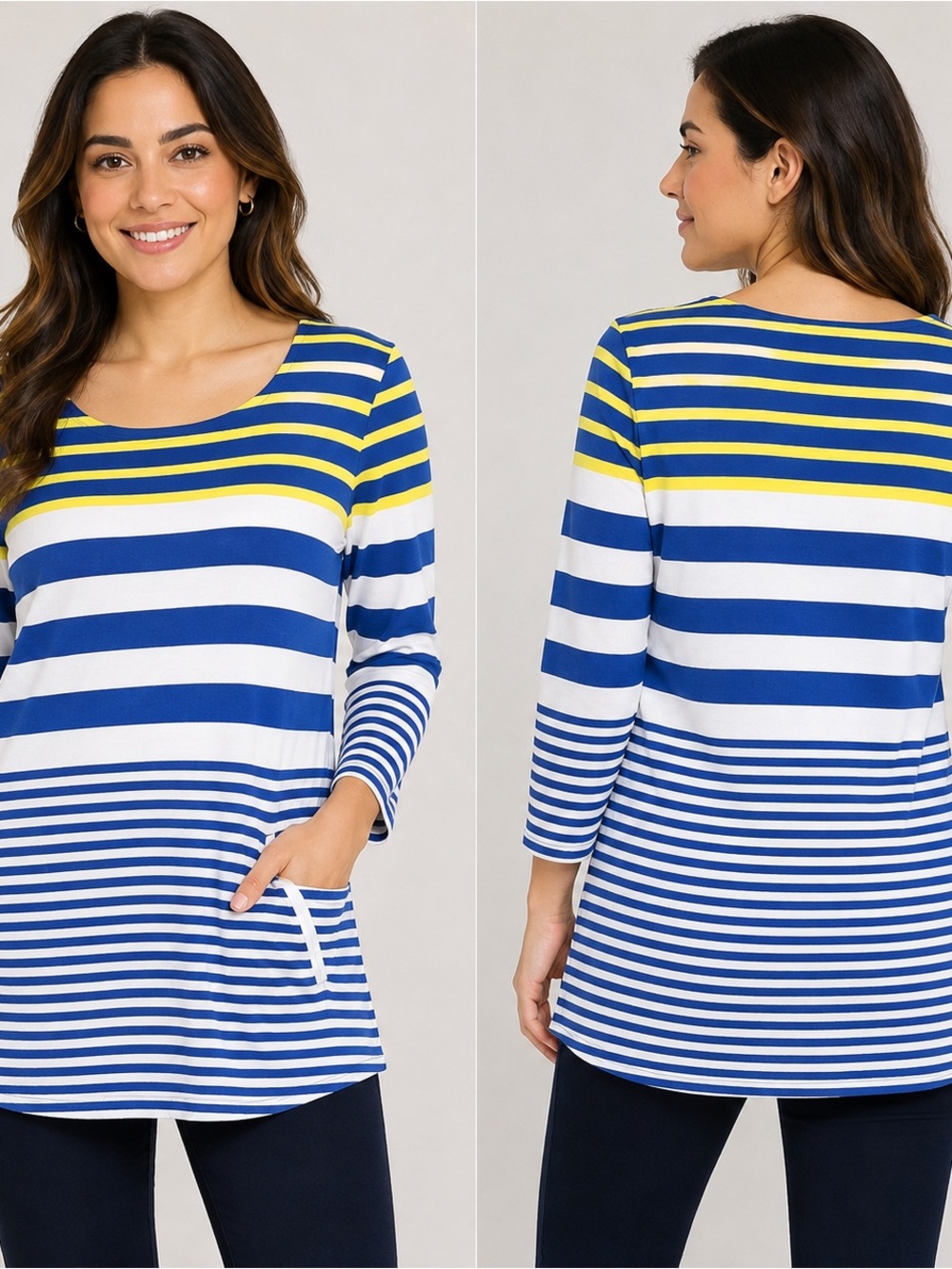 Hello Saturday Talbots Striped Tunic Top Blue White Pockets 3/4 Sleeve Coastal